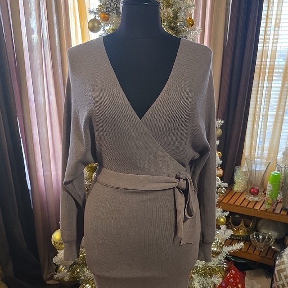 Halara Dresses & Skirts - HALARA Taupe Wrap Knit Dress